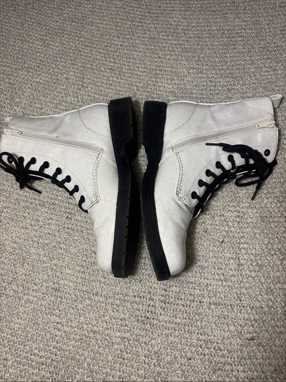 WHITE Glossy Sparkle Combat Boots,zip/lace